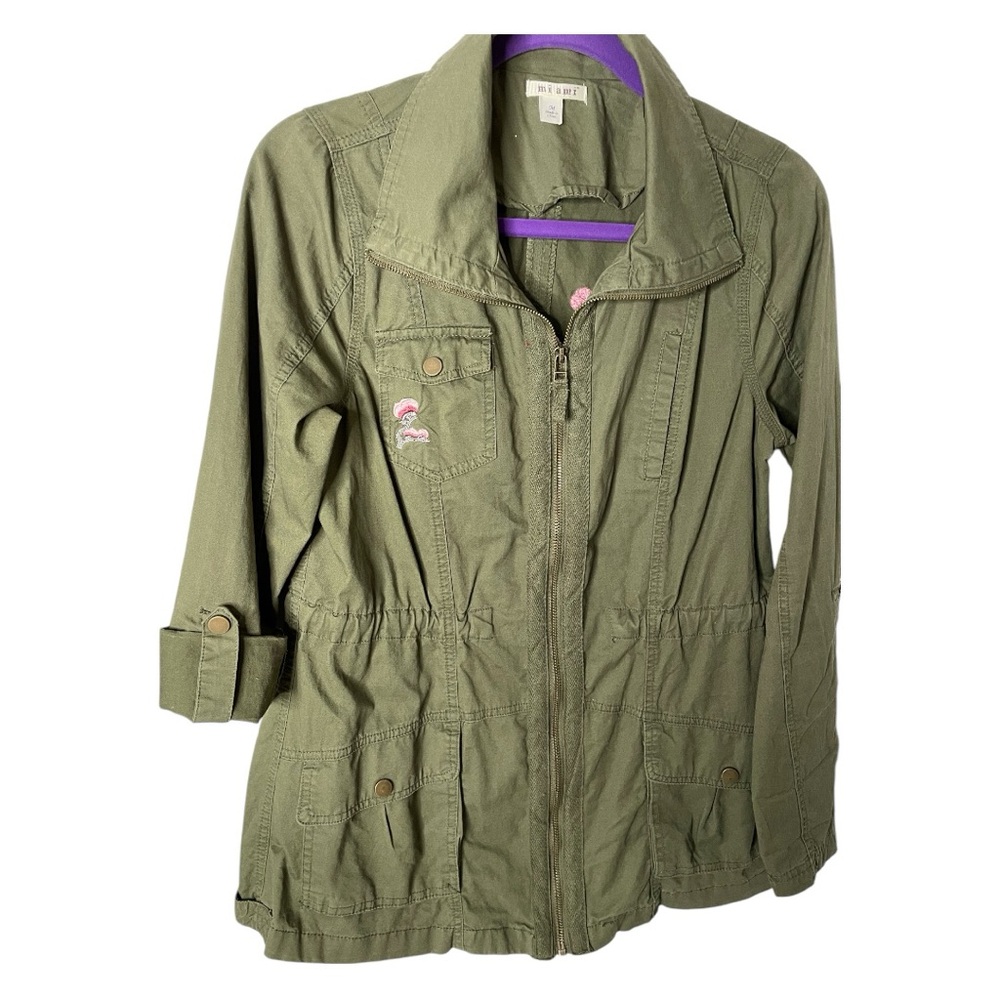 Miami Olive Utility Jacket Collared Floral Adjustable Sleeves Embroidered Sz M